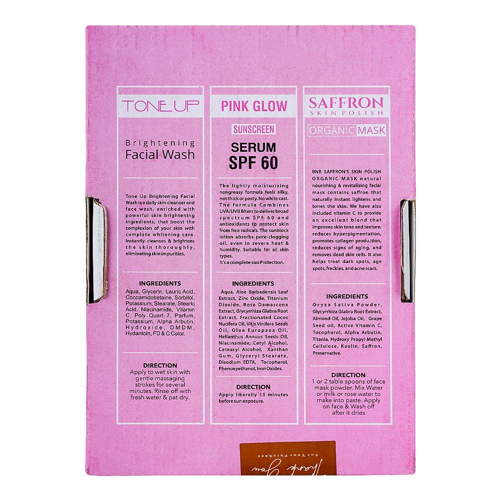 BNB Organic Source Skin Care Pink Glow Kit, SPF 60 Serum, Face Wash, Scrub, Mask
